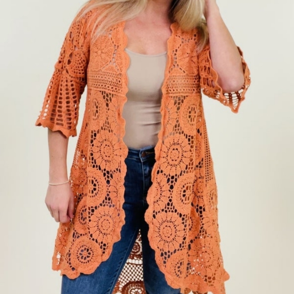 Women's OS Plus size Crochet kimono/cardigan in Rust